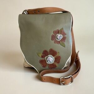 Artisan Handmade Leather Floral Crossbody Bag Olive Green Boho Messenger Stone